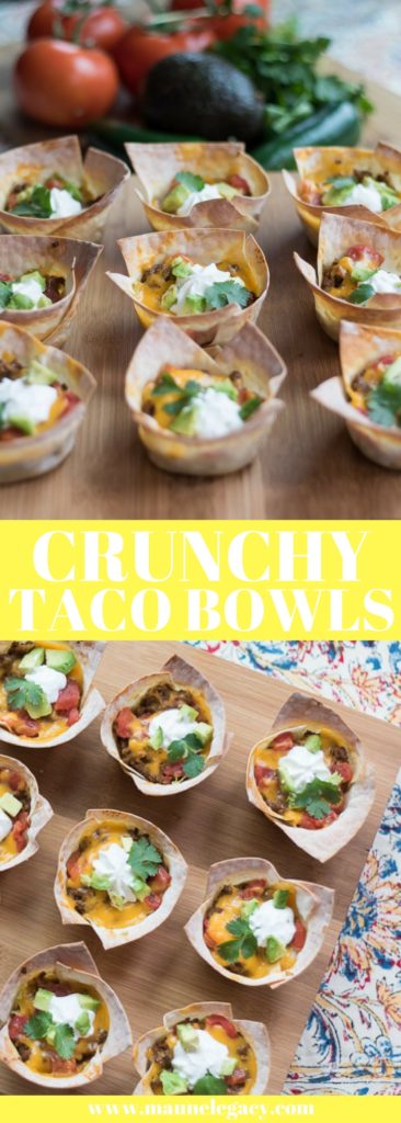 Crunchy taco bowls are filled with yummy, cheesy, gooey goodness. Make these for the big game, your next party, or a fun spin on a staple meal in your home. - Crunchy Taco Bowls Recipe by popular Arkansas lifestyle blogger Maune Legacy