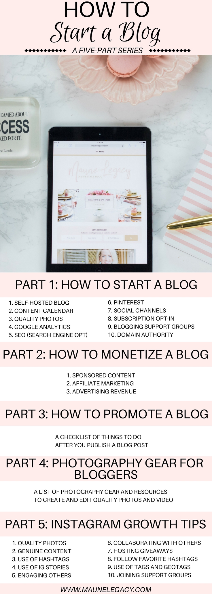 This five-part how to start a blog guide includes 10 action steps for starting a successful blog including tips for SEO, social media, and monetizing your blog. - How to Start a Blog by popular Arkansas blogger Maune Legacy