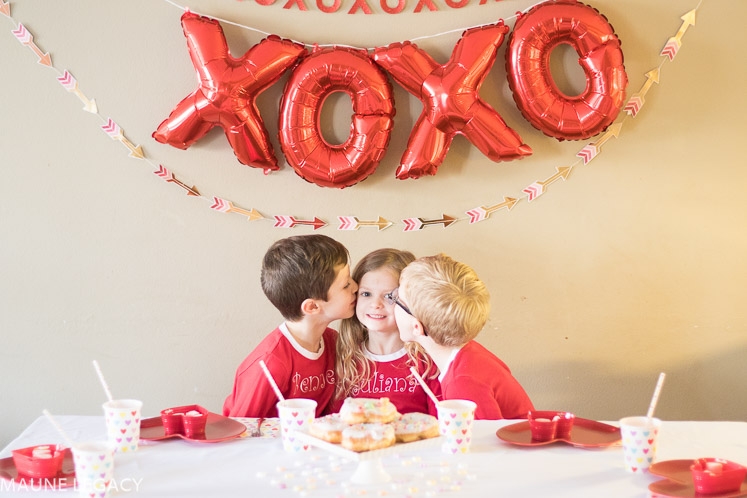 Sharing these kids Valentine's Day party ideas on the blog. One fun way to make your kids feel extra special is by planning a festive breakfast for them. - A Super Fun Kids Valentines Day Party featured by popular Arkansas lifestyle blogger, Maune Legacy | Fun Valentines Day Kids Party featured by top US lifestyle blog, Maune Legacy: image of Valentines party decorations