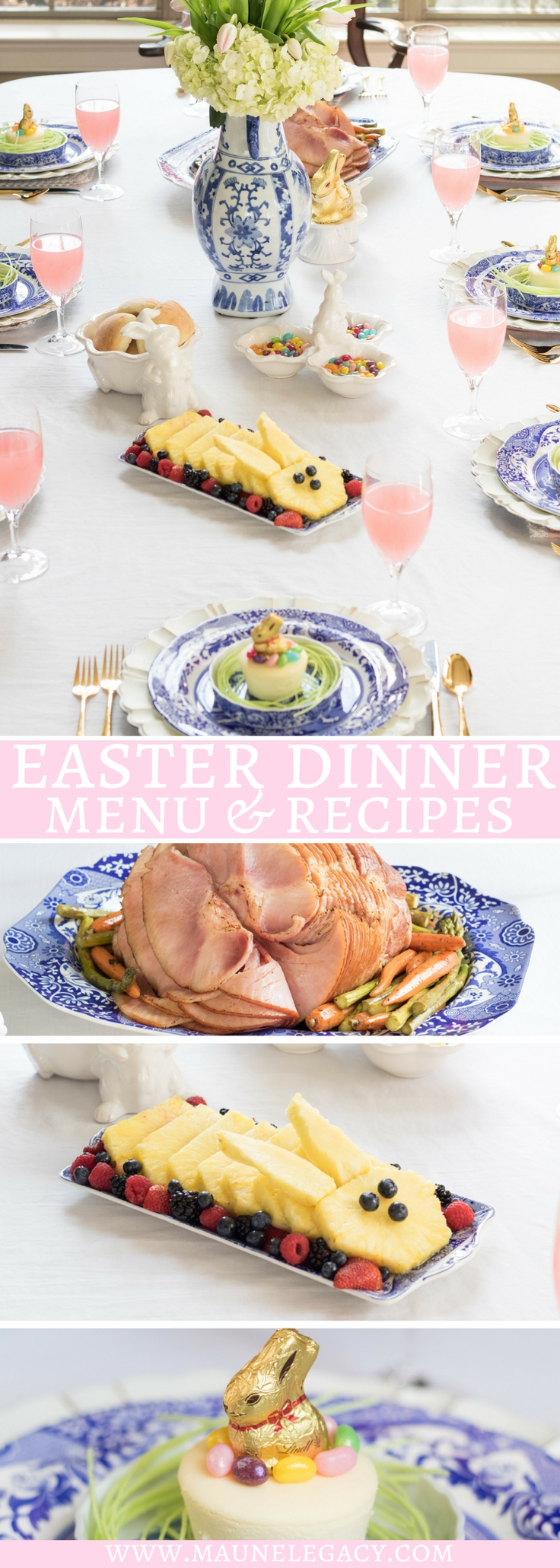 Lifestyle Blogger Maune Legacy shares recipes and ideas for the perfect Easter Dinner Menu including a glaze for your traditional ham. Check out these ideas on decorating the table, creating a centerpiece, and putting together a unique fruit display and dessert. #ad
