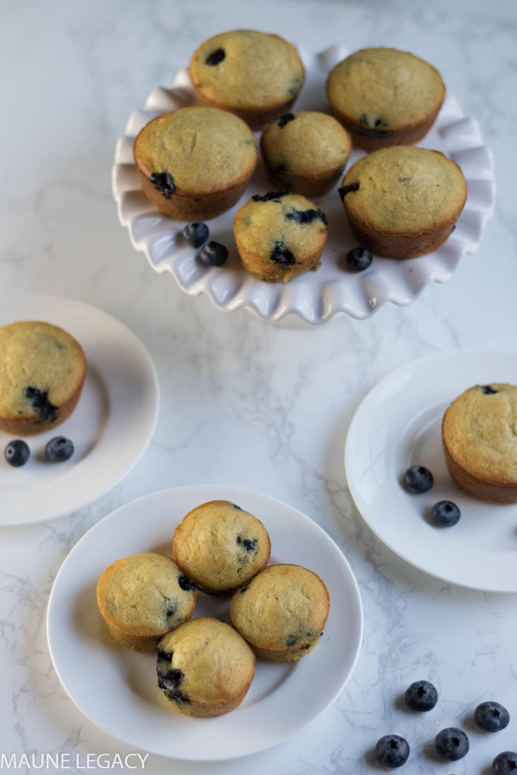 Blueberry Muffins on cake plate and saucers