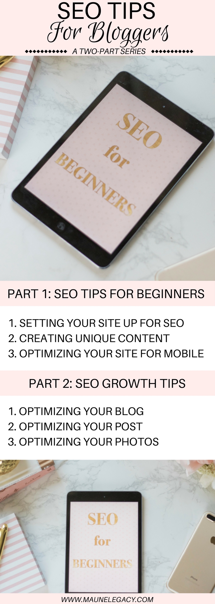 Arkansas blogger, Maune Legacy, continues with her SEO Tips series, and focuses on the 3 areas of your blog to optimize. Click here now to read about her vital SEO Tips! #bloggingtips #bloggingresources #SEOtips #SEOresources