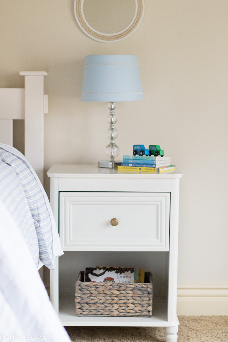 Arkansas lifestyle blogger, Jennifer from Maune Legacy, shares a fun white and blue bedroom any toddler boy would love. Click to see room ideas!