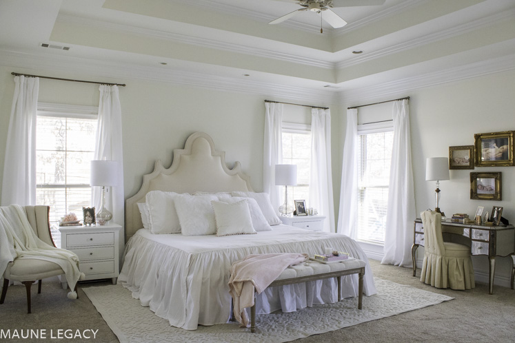 Top Arkansas lifestyle blogger, Jennifer from Maune Legacy, shares stunning white master bedroom design ideas with neutral and white tones. Click here now!