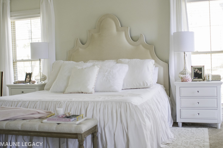 Top Arkansas lifestyle blogger, Jennifer from Maune Legacy, shares stunning white master bedroom design ideas with neutral and white tones. Click here now!