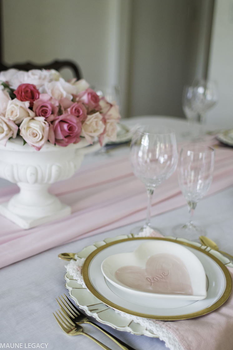 pink and white Valentine's Day tablescape