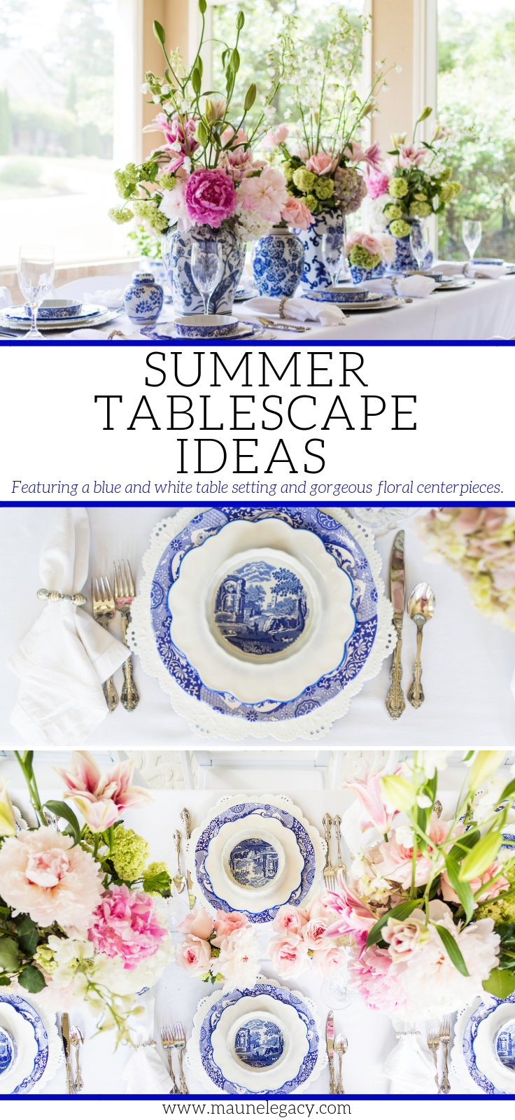 Top Arkansas lifestyle blogger, Jennifer from Maune Legacy, shares gorgeous blue and white summer tablescape ideas, click for the beautiful floral centerpieces and other details!
