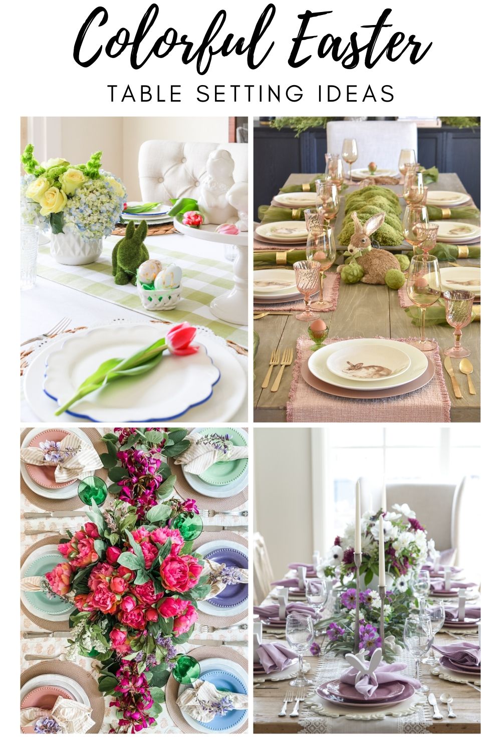 These Easter Table Setting ideas are colorful and festive. From the Easter table decor, to the spring flower arrangement, these Easter tablescape ideas will help make your celebration special.