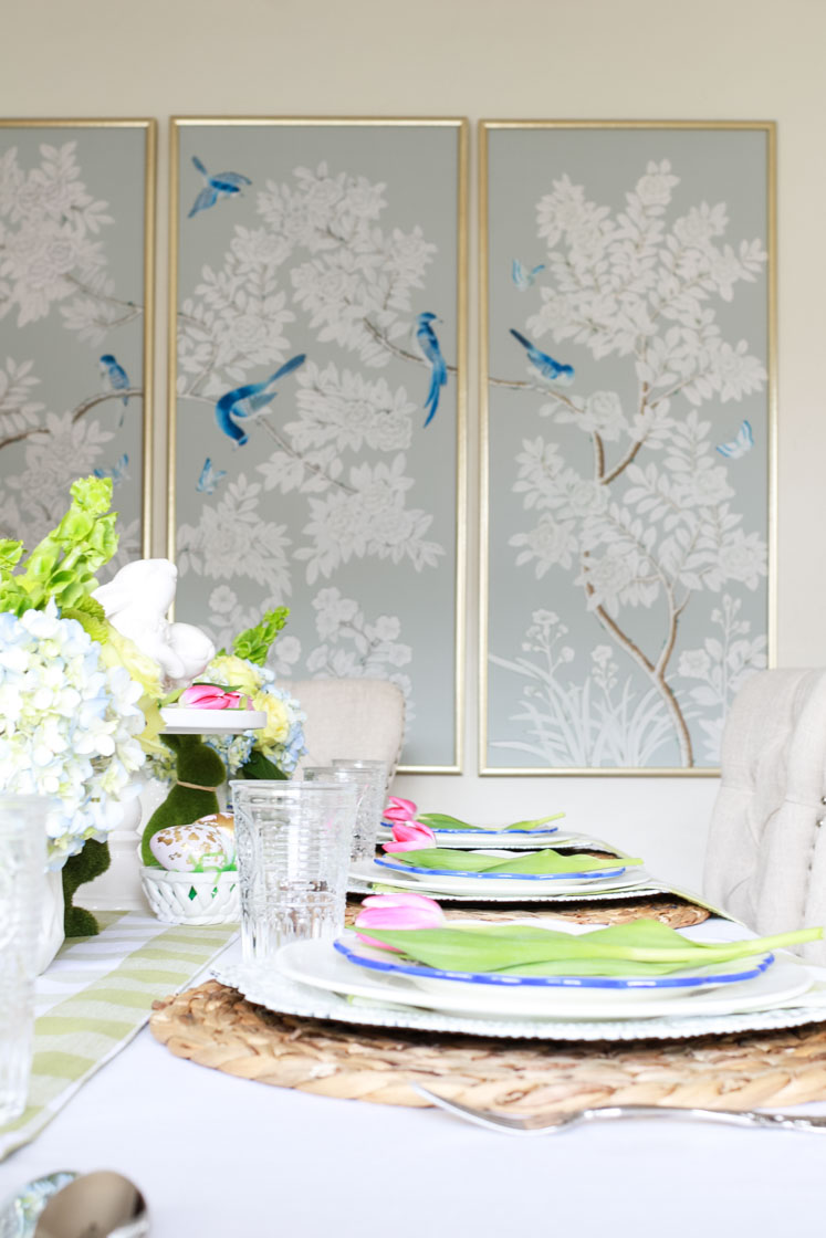 Mixing elements and dinnerware helps to create visual interest when setting the table.