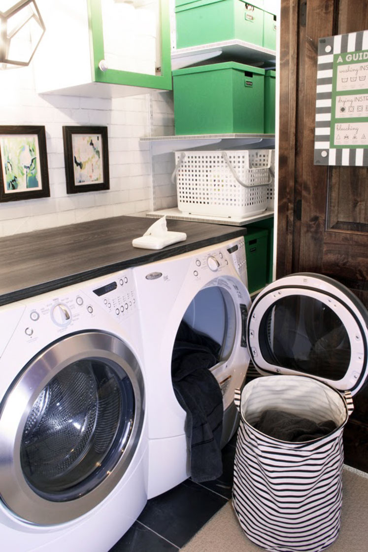 Cute and colorful, this laundry room maximizes its limited space.