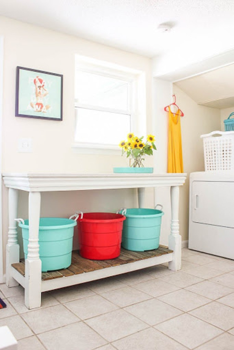 whimsical and colorful combo mudroom and laundry room