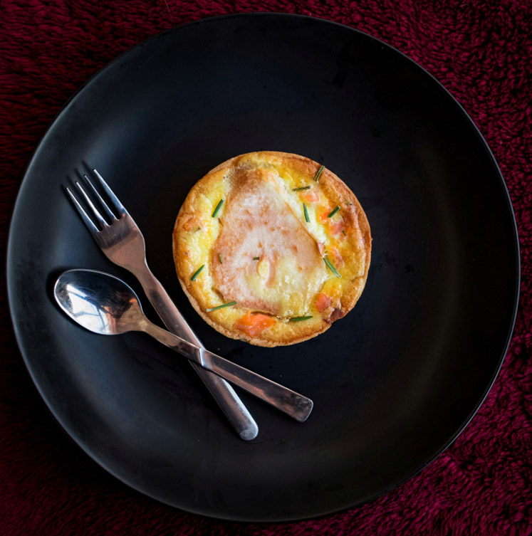 salmon, poached pear and gorgonzola mini quiches