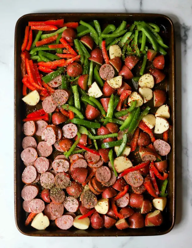 sheet pan sausage, peppers and potatoes