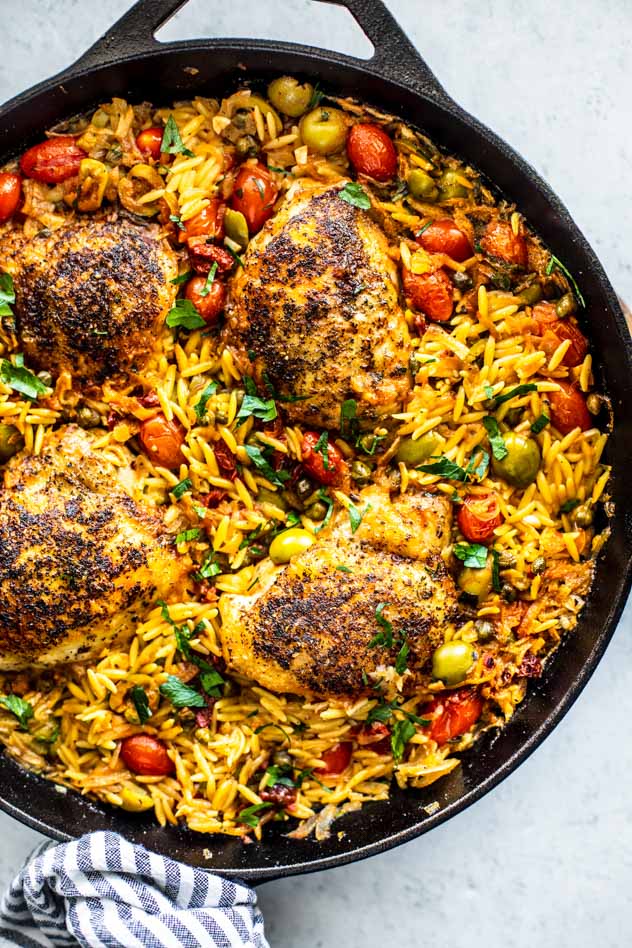 One-Pan Chicken Puttanesca with Creamy Orzo