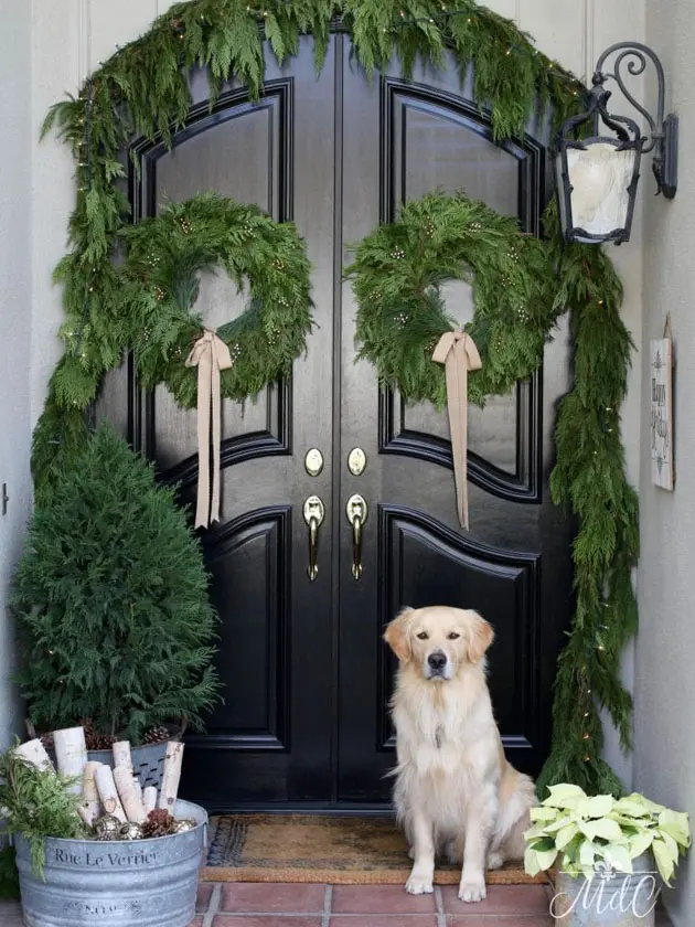 French inspired Christmas front porch with golden retriever