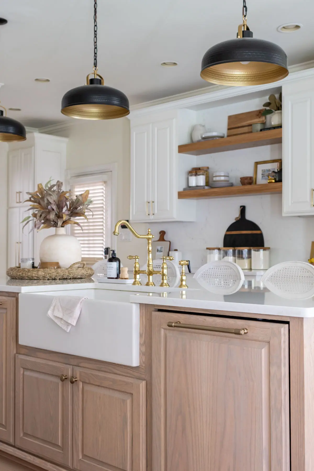 farmhouse sink and open shelving
