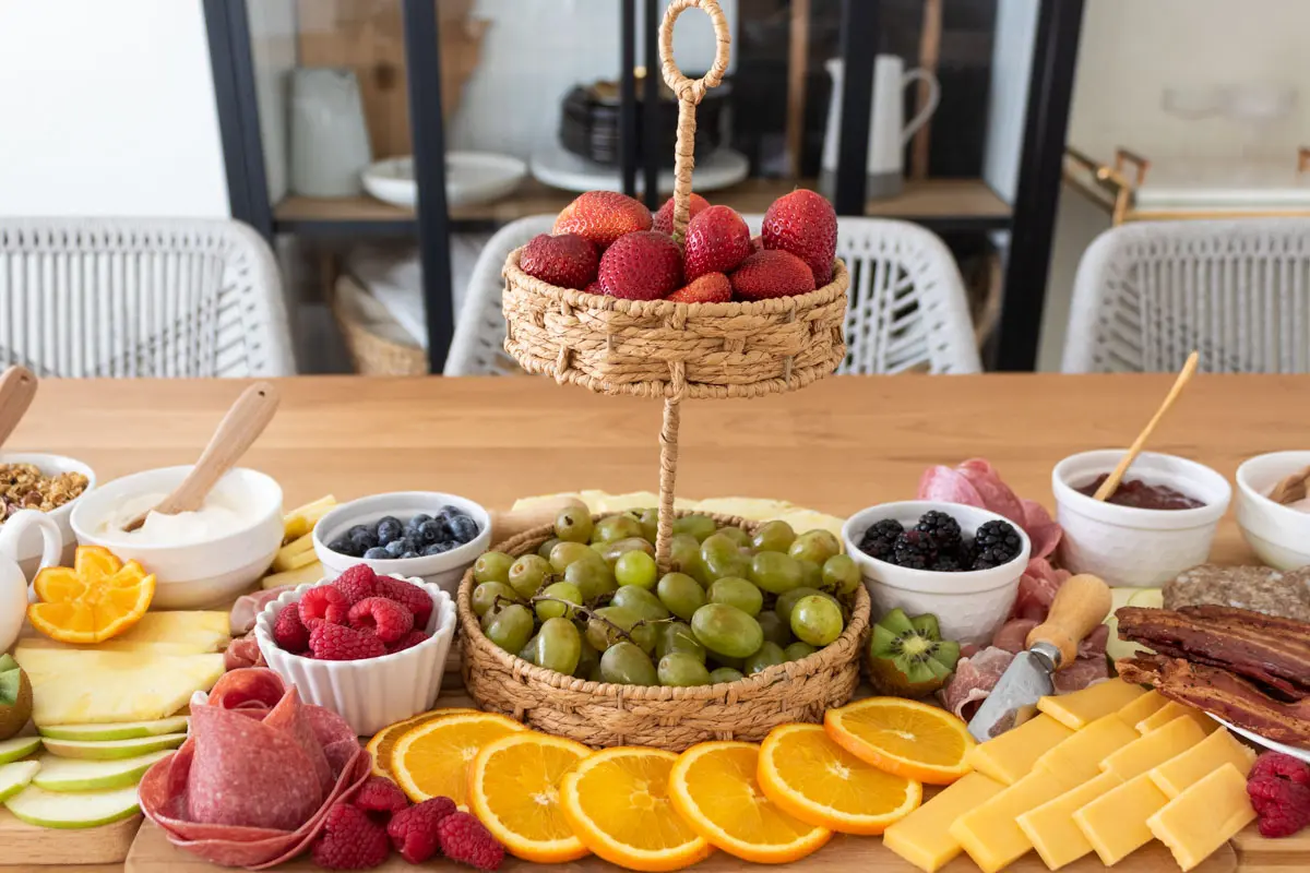 strawberry, grapes, berries, oranges, cheese