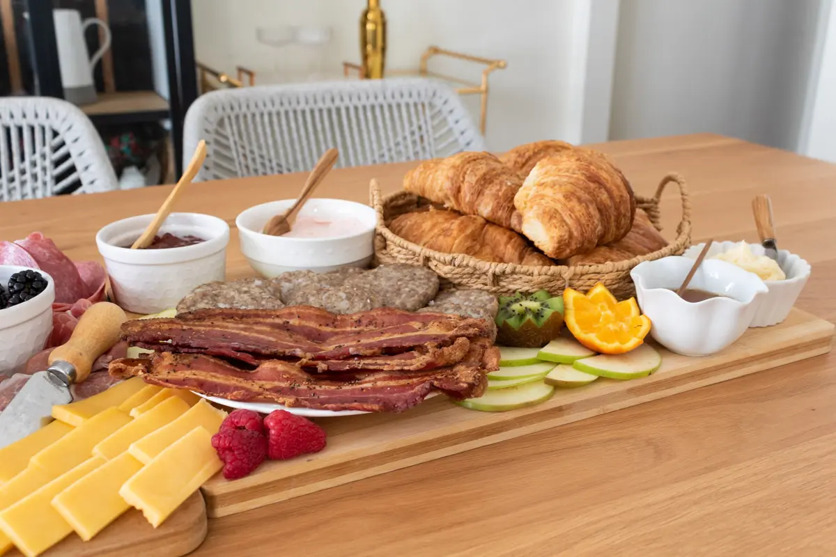 croissants, bacon, sausage, apple slices